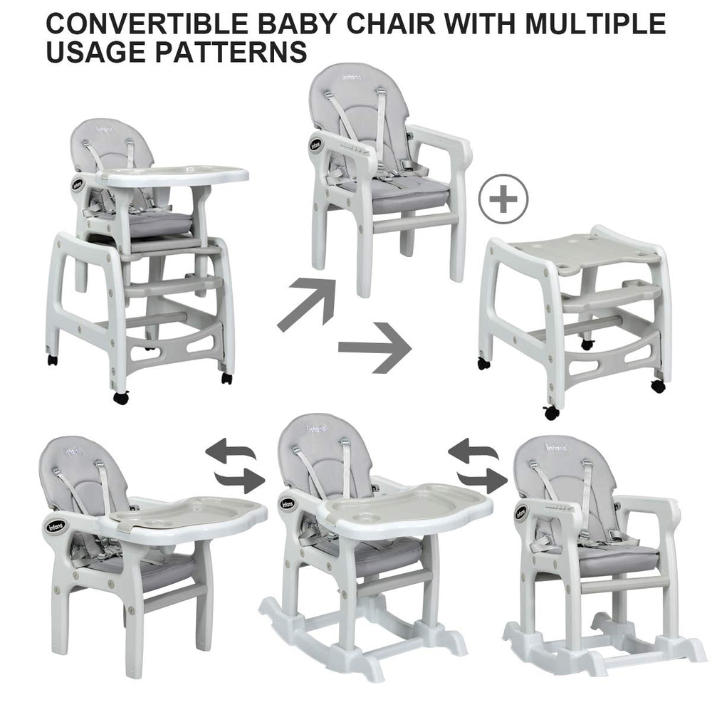 Convertible 3-in-1 baby high chair in gray, adjustable for dining, rocking, and play, with lockable wheels for easy.