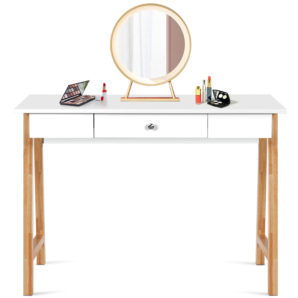 White computer desk with rubberwood legs and large drawer, ideal for writing or as a makeup vanity in any room.