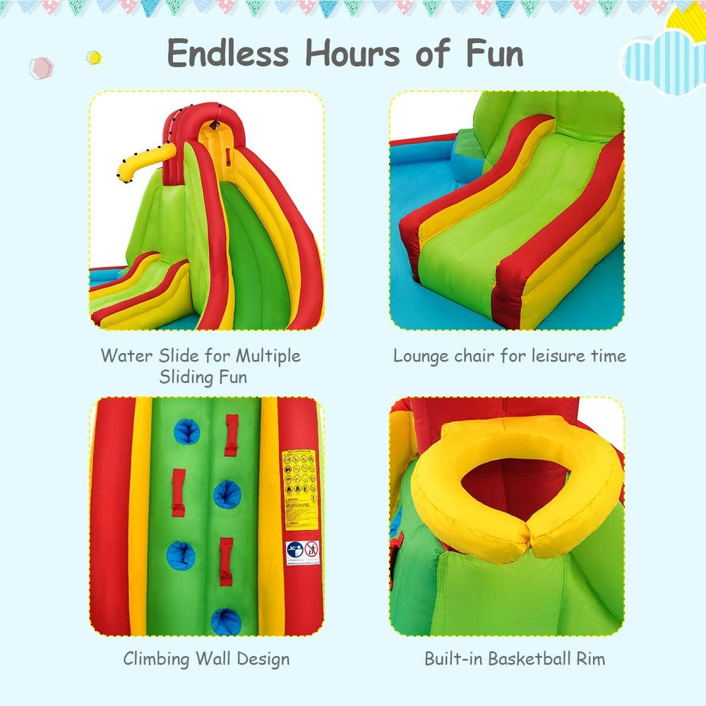 Brightly colored inflatable water slide bounce park with climbing wall, water slides, and lounge chair for outdoor fun.