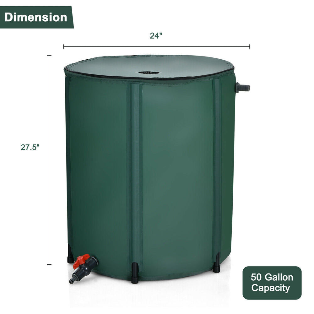 Collapsible 53-gallon rain barrel with zippered mesh cover, ideal for garden water collection and easy portability.