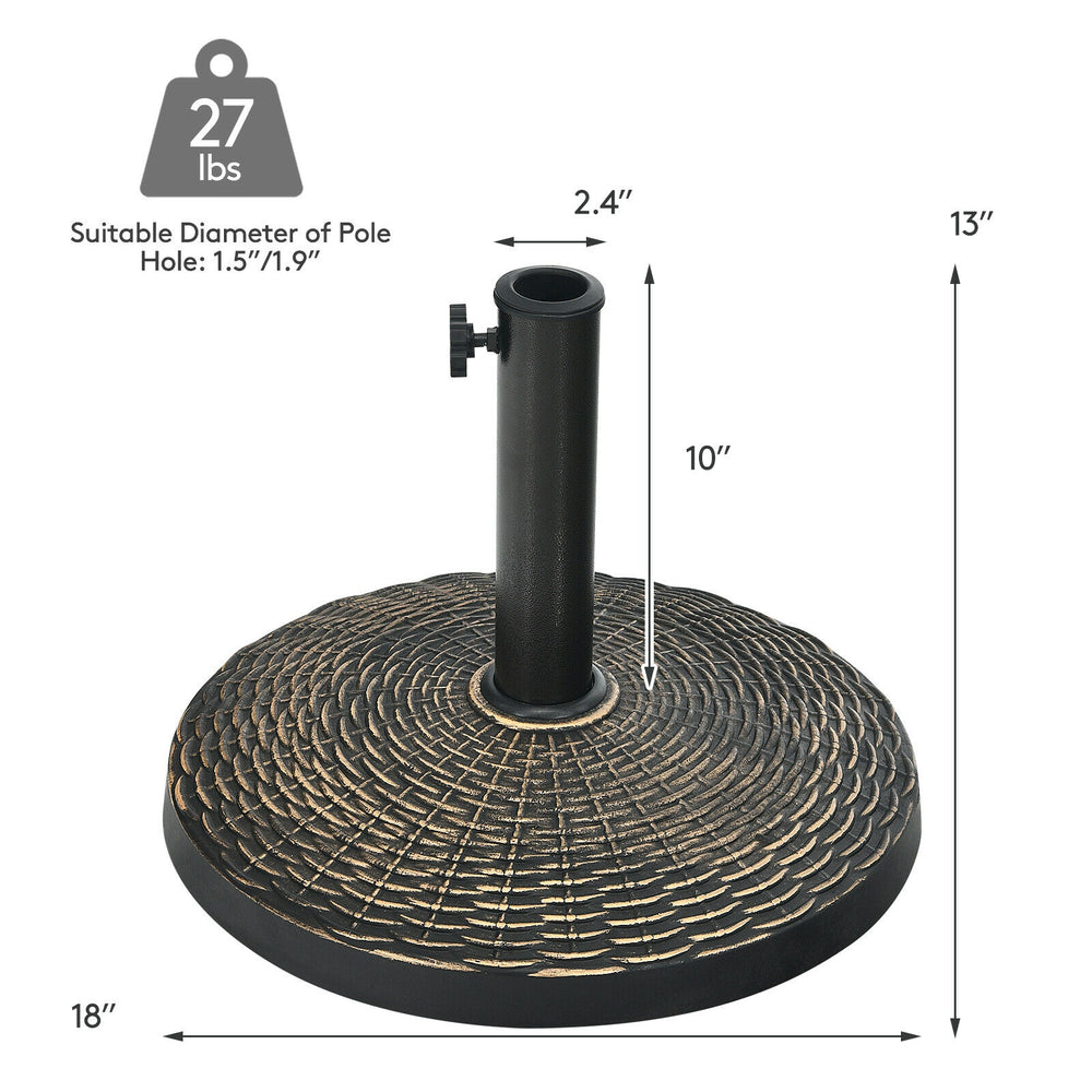 Patio market umbrella base stand with rattan design, 27 lbs weight, suitable for 1.5" and 1.9" umbrella poles.