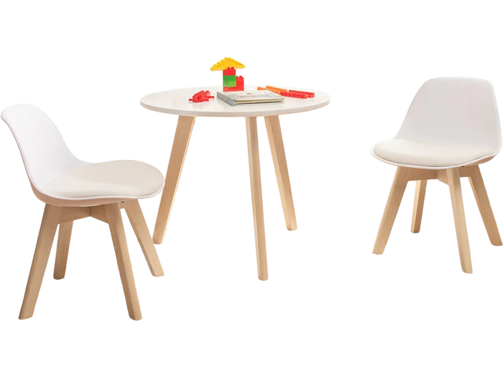 Kids activity play table with two white chairs and beech legs, perfect for playtime and learning in a safe environment.