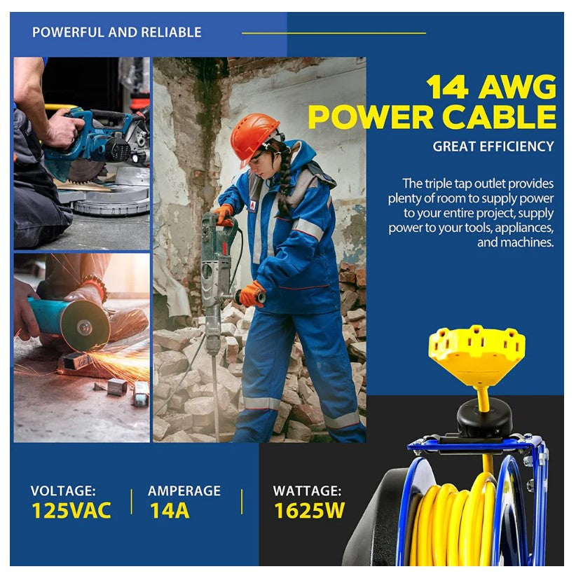 Goodyear GUR073 Retractable Extension Cord Reel Mountable 14AWG x 100' 14A Triple Connector New