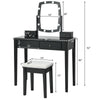 Vanity table set with lighted mirror, black finish, includes padded stool and ample storage for cosmetics and.