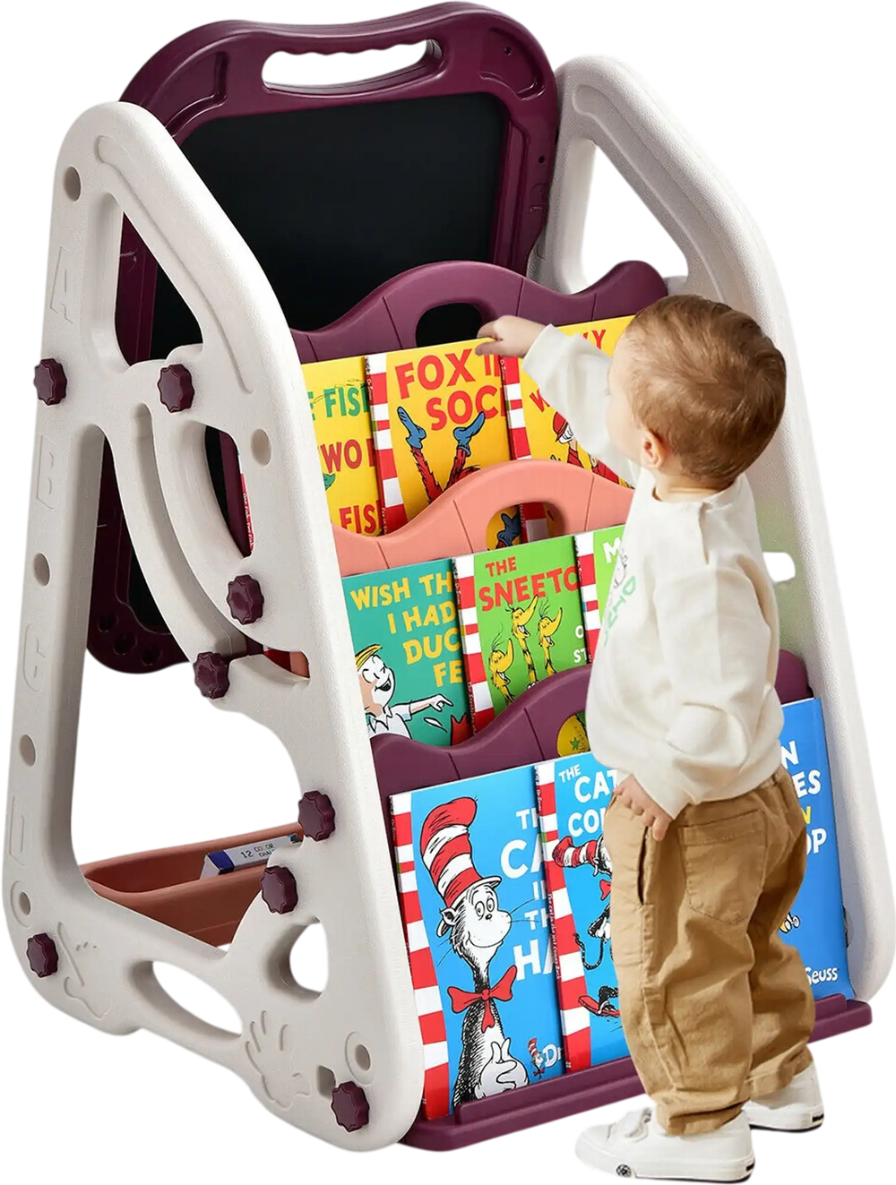 Kids 3-in-1 art easel featuring a double-sided whiteboard and chalkboard with colorful storage for creative play.
