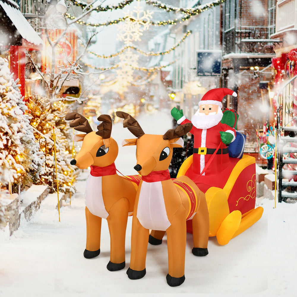 Inflatable 7.5 feet Santa with double deer and sled, waterproof with LED lights, perfect for outdoor Christmas.