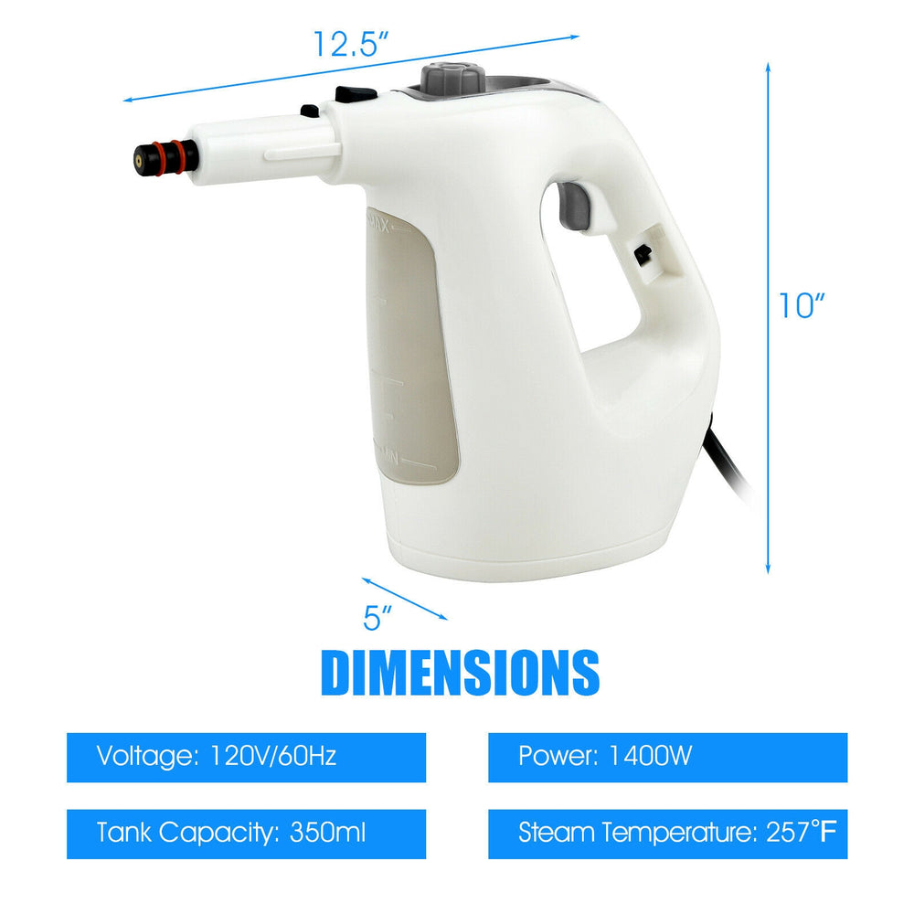 Multipurpose 1400W steam cleaner in gray with transparent tank, ideal for chemical-free cleaning in various rooms.