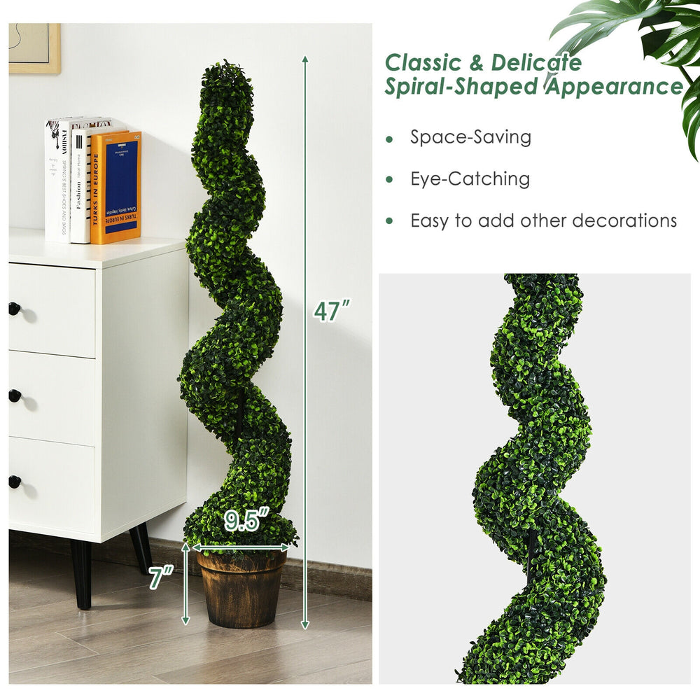 Spiral-shaped 4 FT artificial boxwood topiary in a cement-filled golden pot, perfect for indoor or outdoor decor.