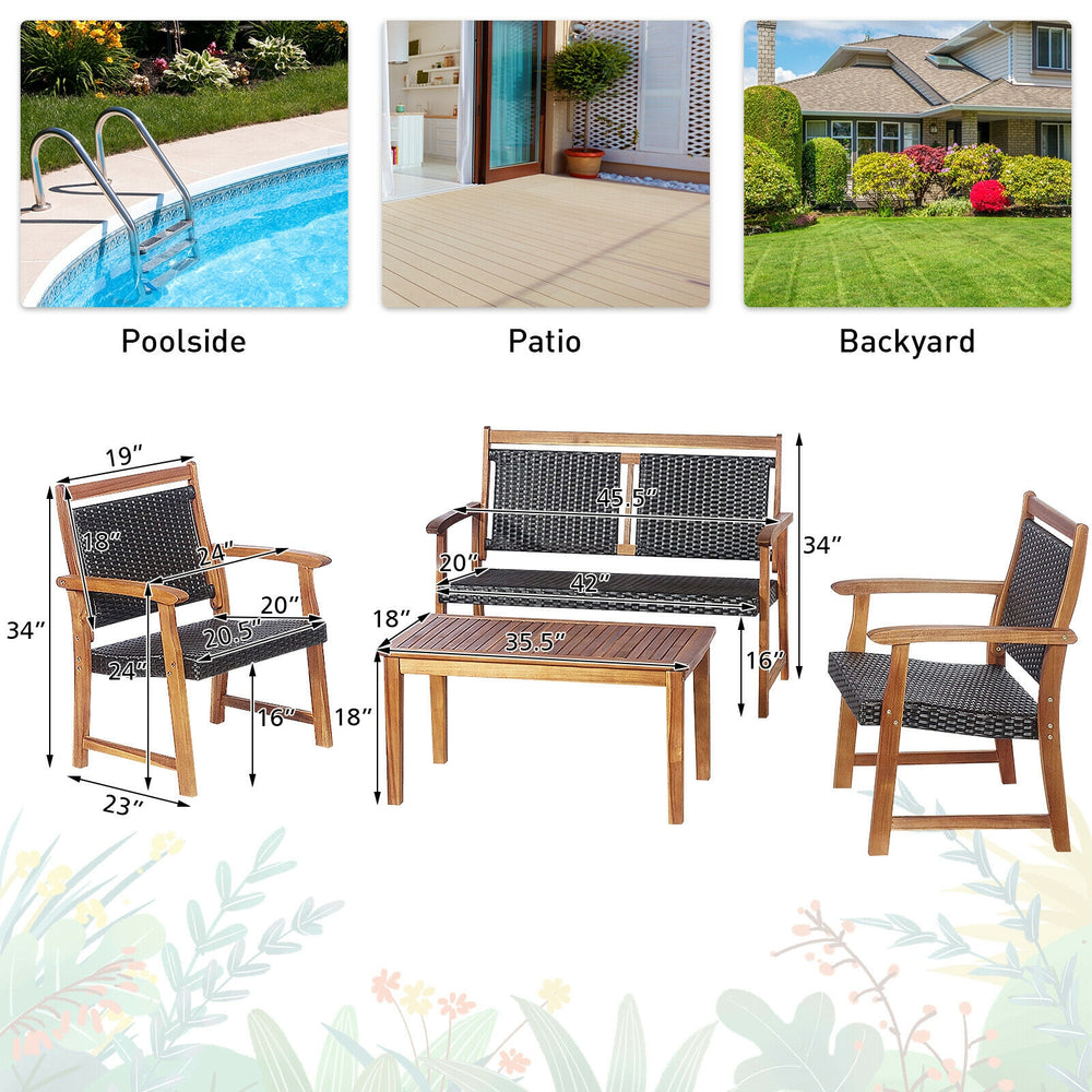 4-piece outdoor patio rattan furniture sofa set with acacia wood frame, ideal for poolside and garden relaxation.