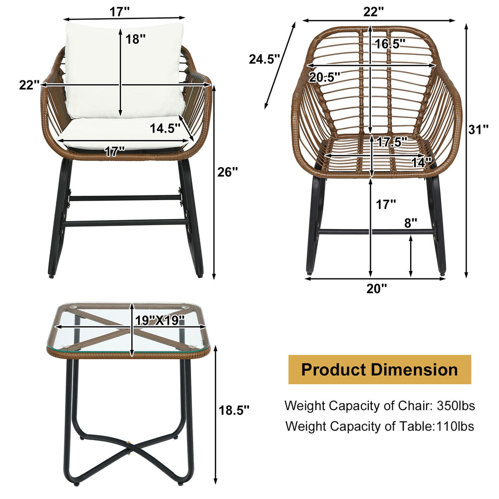 Cushioned armchair and glass side table from a 3-piece patio rattan bistro set, perfect for outdoor relaxation.