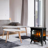 Freestanding black electric fireplace heater with openable door and realistic flame effect, ideal for any room decor.