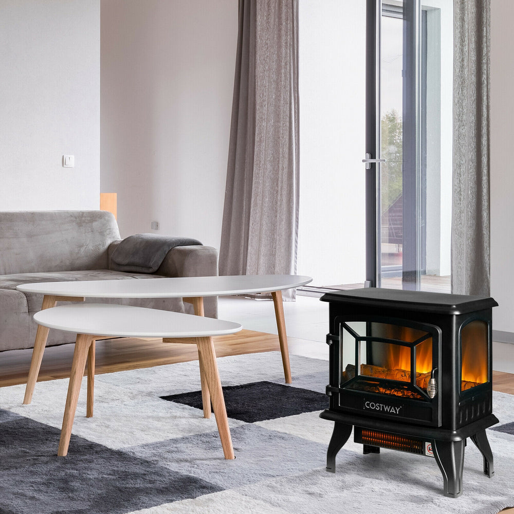 Freestanding black electric fireplace heater with openable door and realistic flame effect, ideal for any room decor.