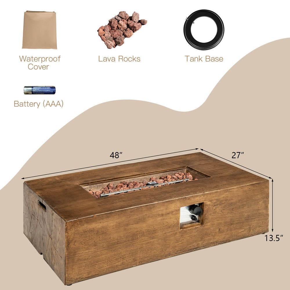 Rectangular 48" outdoor gas fire pit table with lava rocks, 50,000 BTU, and waterproof cover for patio warmth.