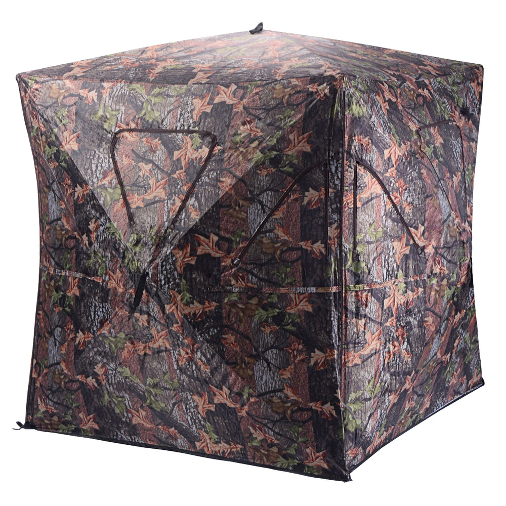 Portable deer hunting blind with camo design, featuring 360° visibility and lightweight fiberglass frame for easy setup.