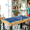 Table tennis gameplay on a 10-in-1 multi combo game table with a sturdy wooden frame, perfect for family fun.