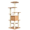 Tall 7-layer wooden cat tree with removable mats, sisal posts, and condo for climbing and scratching.