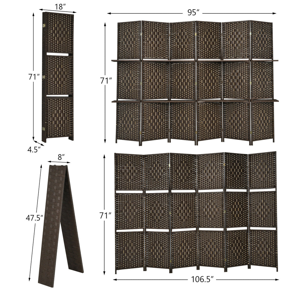 6-panel brown room divider with hand-woven fiber and 2 display shelves, ideal for creating private spaces in any room.
