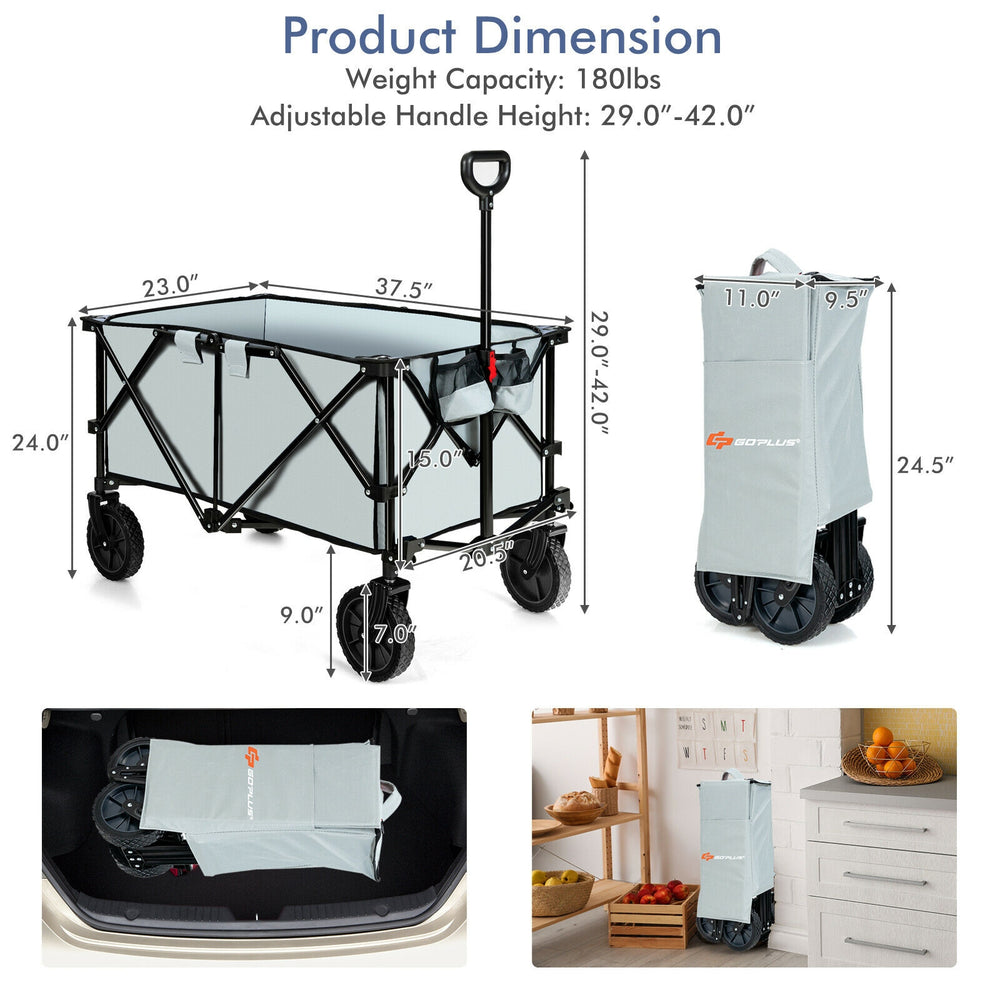 Dimensions chart of the gray outdoor folding wagon cart, showcasing adjustable handle height and spacious interior for.