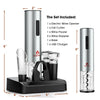 6-in-1 electric wine bottle opener set with stainless steel finish, includes foil cutter, pourer, stoppers, and charger.