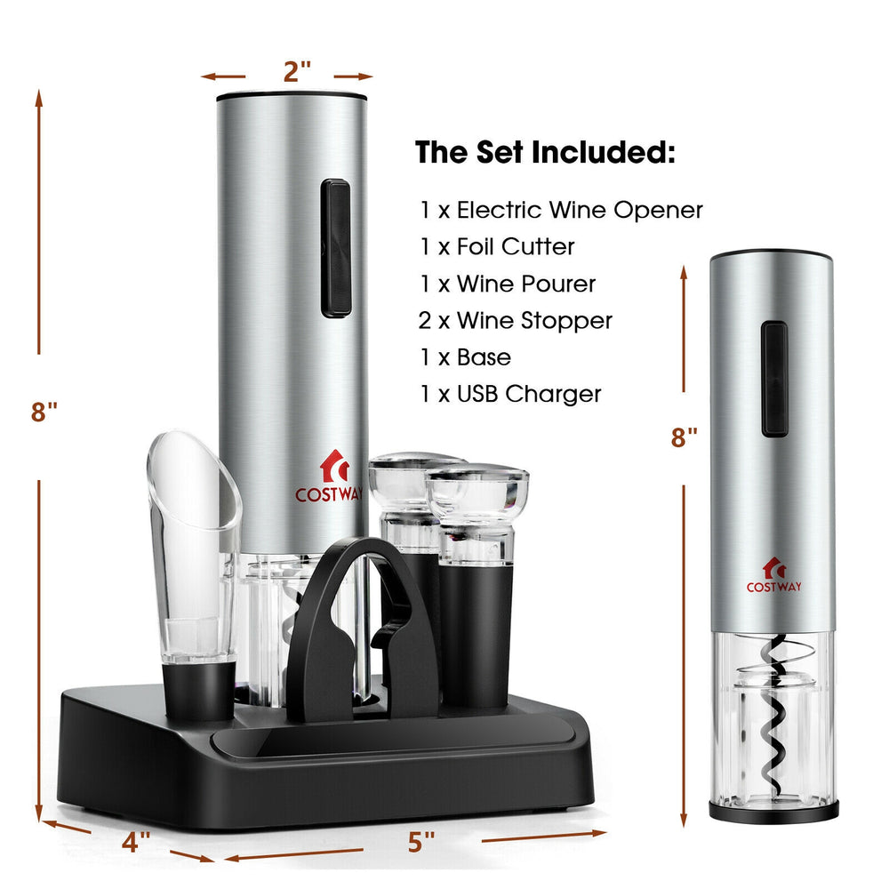 6-in-1 electric wine bottle opener set with stainless steel finish, includes foil cutter, pourer, stoppers, and charger.