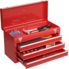 Portable red garage mechanic tool cabinet with three drawers, top tray, and easy grip handle for convenient tool.