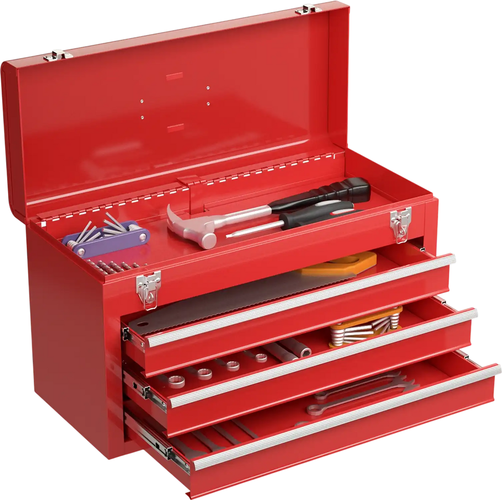 Portable red garage mechanic tool cabinet with three drawers, top tray, and easy grip handle for convenient tool.