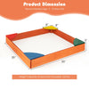 Kids outdoor wooden sandbox with built-in corner seating, made of cedar and pine, dimensions 35"x35"x5", for ages 3-8.