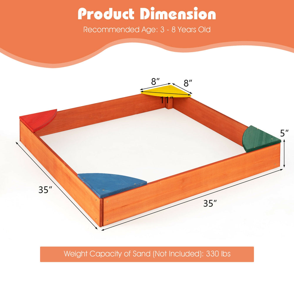 Kids outdoor wooden sandbox with built-in corner seating, made of cedar and pine, dimensions 35"x35"x5", for ages 3-8.