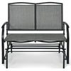 Gray iron patio rocking chair with a durable metal frame, designed for two, perfect for outdoor relaxation.