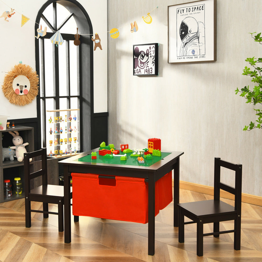 2-in-1 Kids Activity Table and 2 Chairs Set with Storage Building Block Table-Espresso - Gallery View 1 of 12