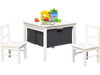 Kids activity table with two chairs, featuring storage drawers and a double-sided panel for building and drawing.