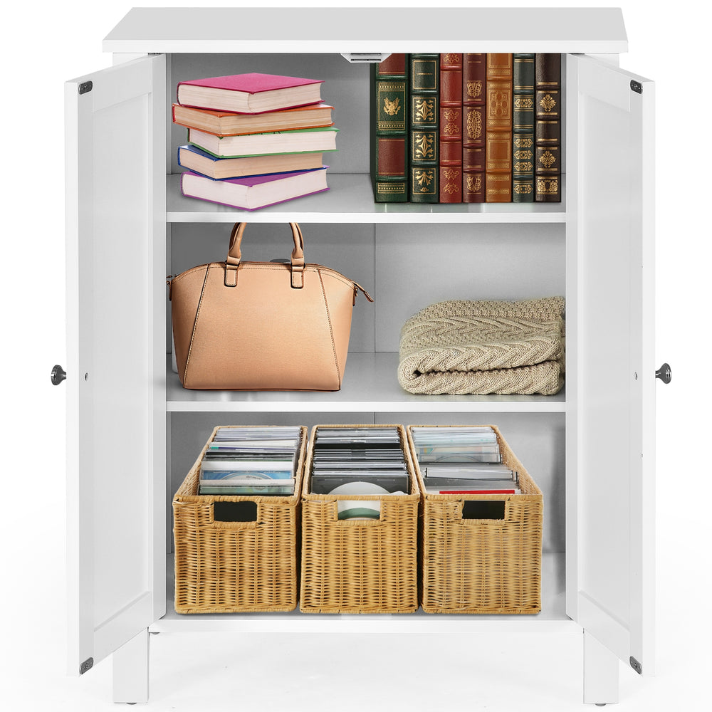 2-door white storage cabinet with adjustable shelves, ideal for towels and toiletries, suitable for bathroom or living.