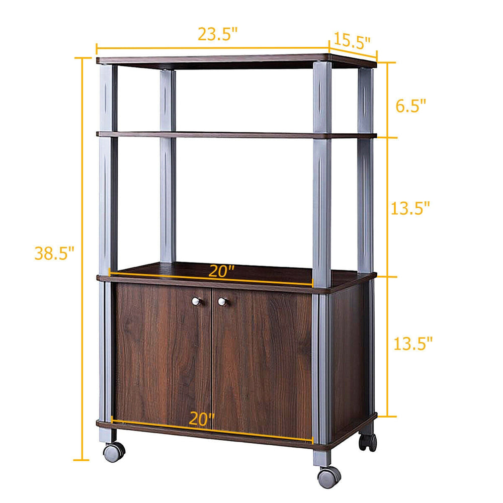 Walnut microwave rack stand with dimensions displayed, featuring 3 shelves and a 2-door cabinet for versatile kitchen.