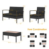 Two single sofas and a coffee table from the 4 Pieces Patio Rattan Cushioned Furniture Set, featuring acacia wood.