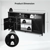 Detailed product dimensions of the 59-inch black TV stand with barn door, showcasing storage capacity and cable.
