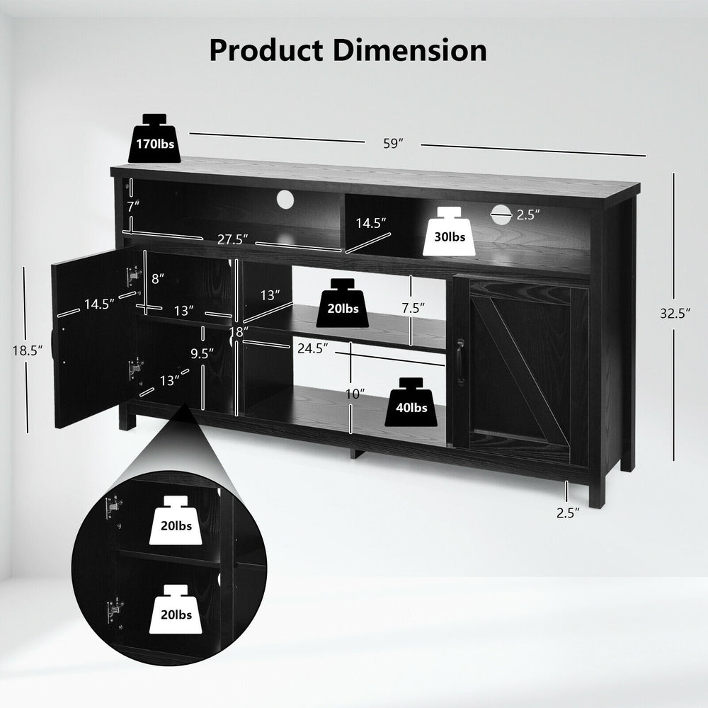 Detailed product dimensions of the 59-inch black TV stand with barn door, showcasing storage capacity and cable.