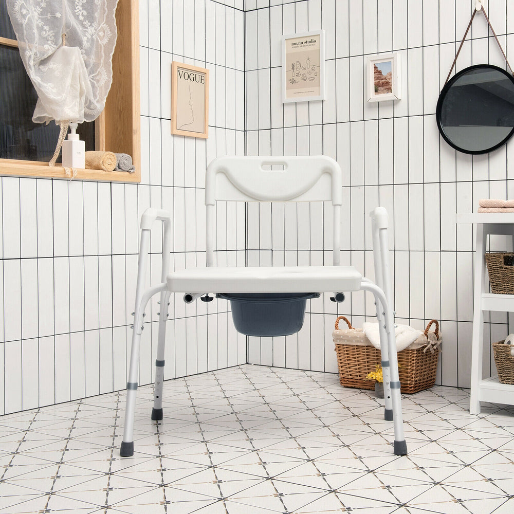 Portable 3-in-1 bedside commode with adjustable height, removable backrest, and sturdy iron frame for bathroom use.