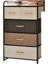 4-tier organizer tower with 5 fabric drawers and wooden top, ideal for bedroom or living room storage solutions.