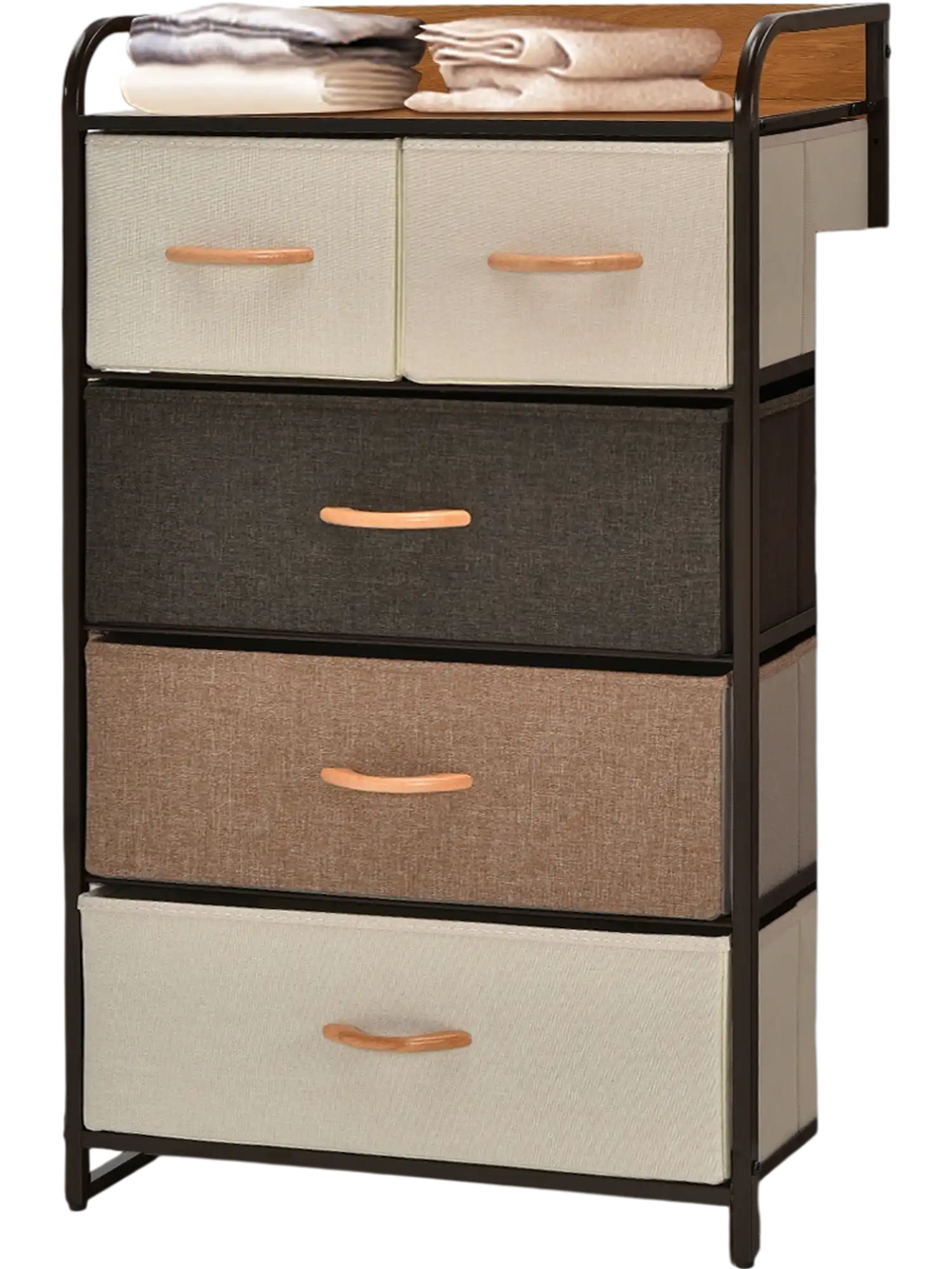 4-tier organizer tower with 5 fabric drawers and wooden top, ideal for bedroom or living room storage solutions.