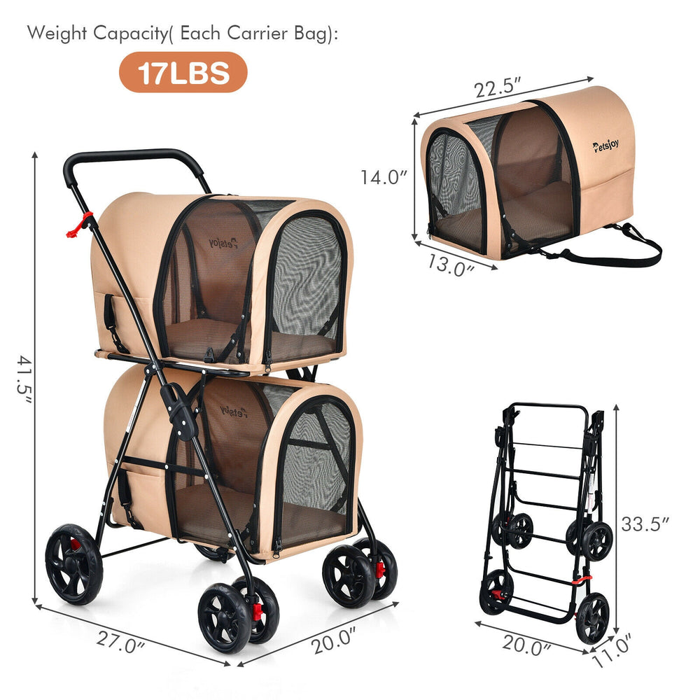 4-in-1 double pet stroller in beige with detachable carriers, designed for easy transport and travel with pets.
