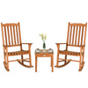 Eucalyptus rocking chair set with coffee table, perfect for patio relaxation and outdoor comfort.