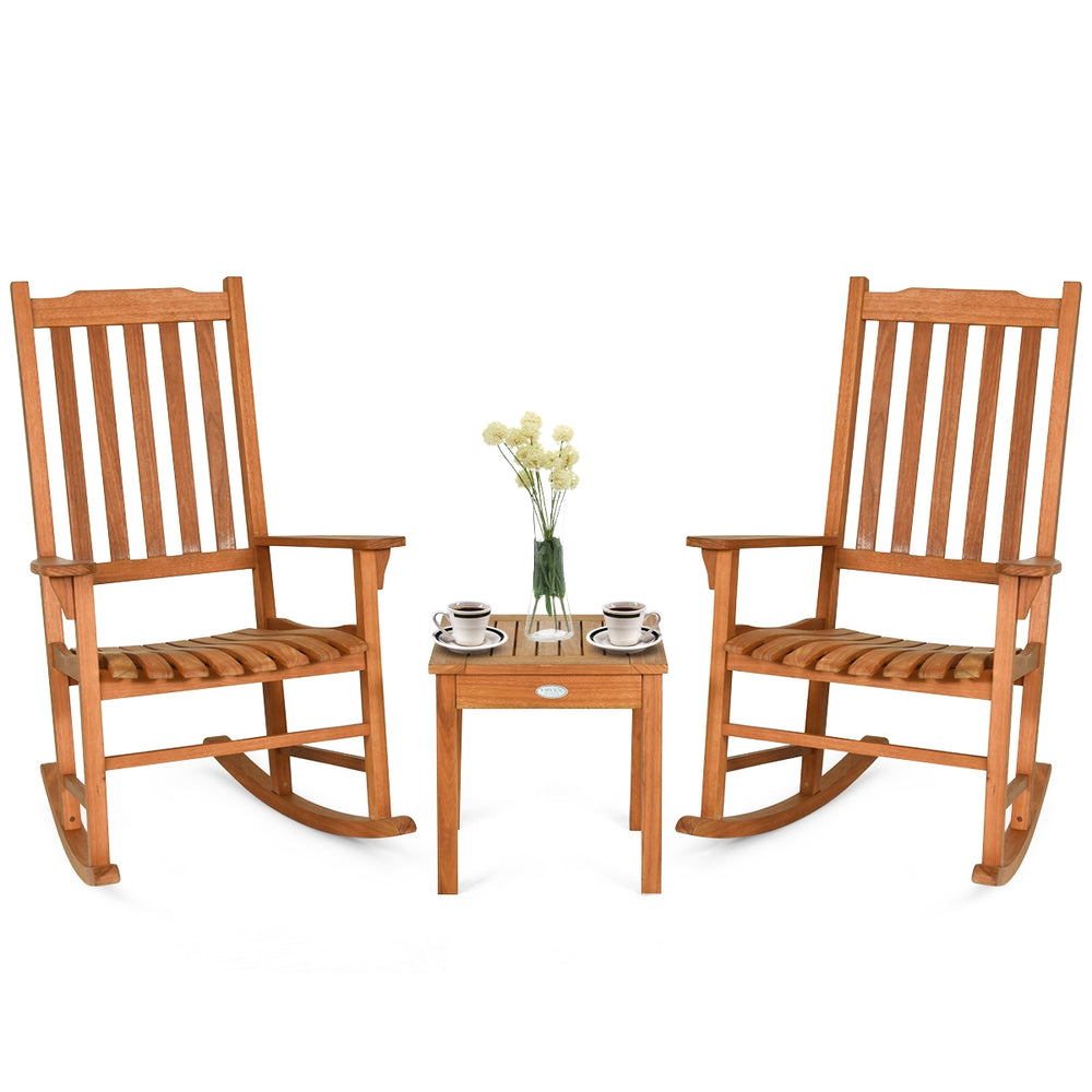 Eucalyptus rocking chair set with coffee table, perfect for patio relaxation and outdoor comfort.