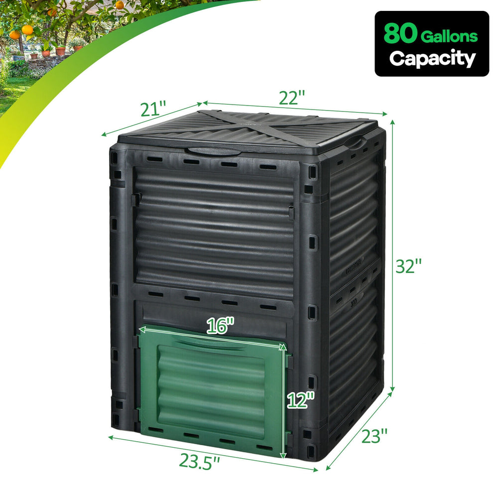 80-gallon outdoor composter with large lid and bottom exit door, featuring BPA-free PP for durable garden use.