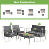 4-piece rattan patio conversation set featuring 2 single sofas, a loveseat, and an acacia wood tabletop for outdoor use.