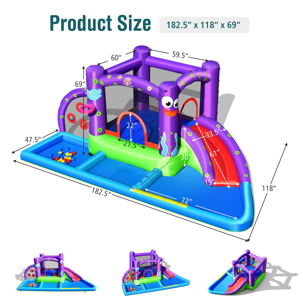 Inflatable water slide park with splash pool, trampoline, and bright octopus design, perfect for backyard fun.
