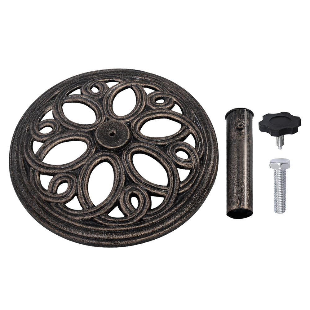 Round umbrella base stand made of premium cast iron in classic bronze, featuring a petal pattern for stability and.
