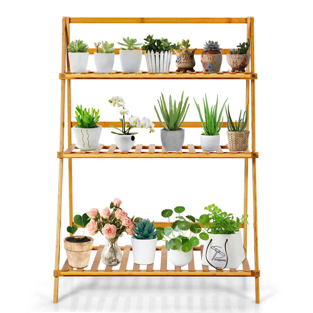 3-tier bamboo foldable plant stand showcasing various potted plants, ideal for indoor and outdoor use.