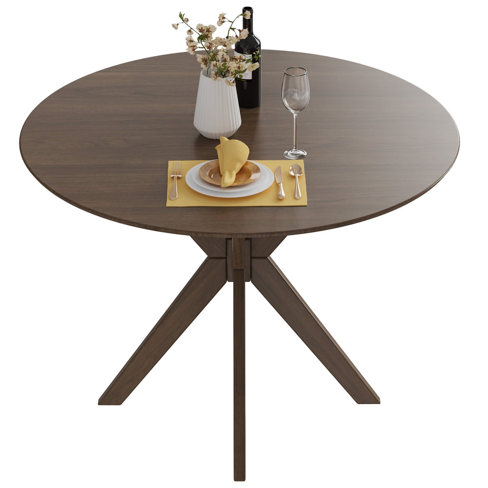Round wood dining table with intersecting pedestal base, 36 inches, perfect for family gatherings and easy maintenance.