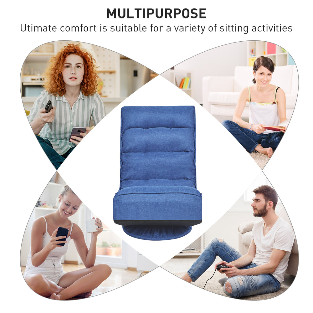 Navy 5-position folding floor gaming chair with 360-degree swivel and high-density sponge for ultimate comfort.