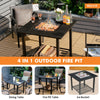 Square 31-inch outdoor fire pit dining table featuring a grill grate and ice bucket, perfect for versatile outdoor use.